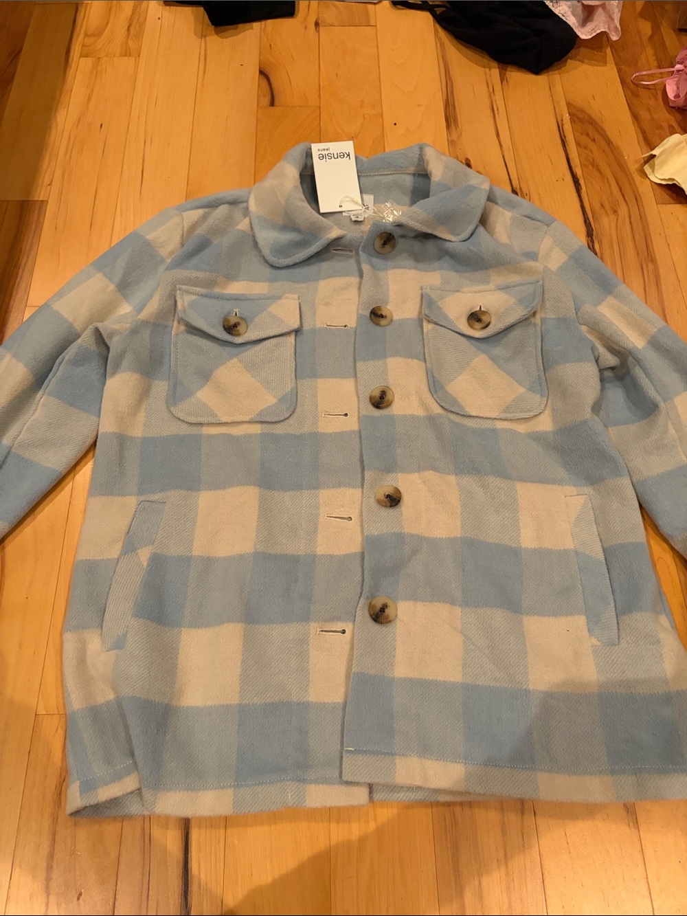 Kensie Light Blue and Cream Plaid Button Jacket